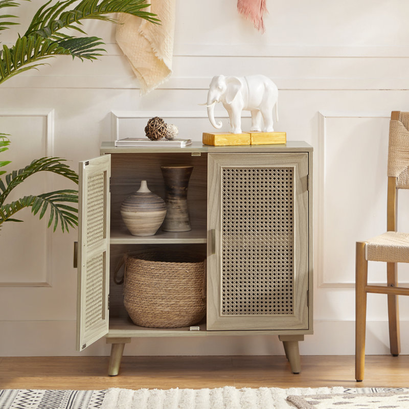 Armoire d'appoint à 2 portes en rotin avec pieds en bois massif Emily, Gland