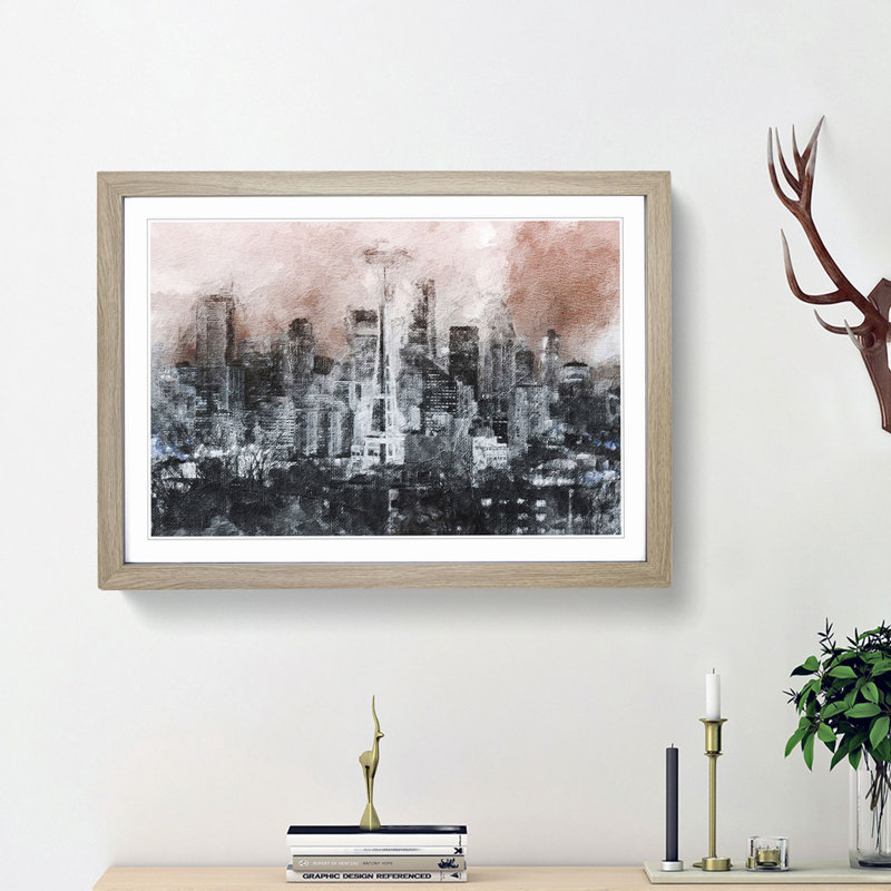Seattle Washington Skyline in Abstract - Picture Frame Painting Print, Oak Framed, 27cm H x 36cm W x 2cm D