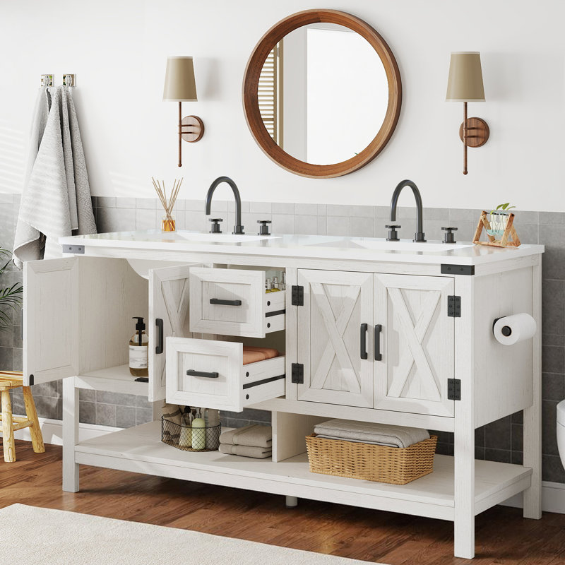 Chimira 60" Farmhouse Storage Bathroom Vanity with Double Sink, White, White, 33.3'' H x 60.6'' W x 22'' D