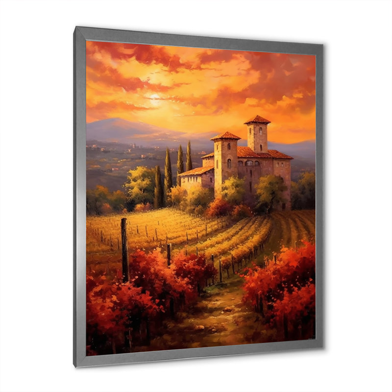 «Beautiful Sunset Castle In Italian Vineyard I», reproduction sur toile, H 20 po x l 12 po x P 1 po, Cadre photo argenté