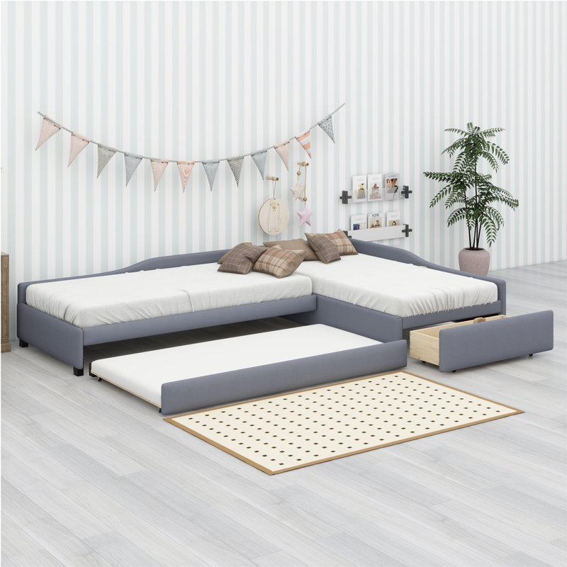 Upholstered Double Daybed With Trundle And Drawer, Gray