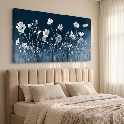 Canvas Wall Art White Wildflowers On Navy Blue Background Modern Floral Home Decor For Bedroom 24" X 48"