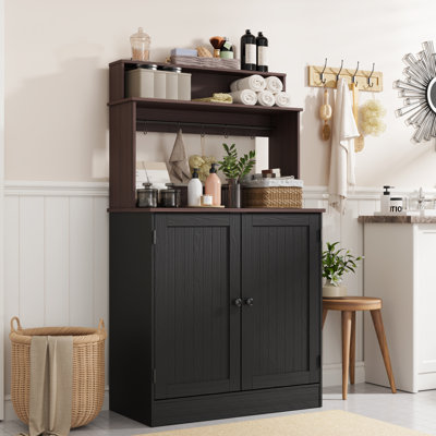 Farmhouse Bar Cabinet With Storage, Coffee Station Cabinet With 5 Hooks, Small Coffee Bar For Kitchen & Living Room, Antique Black