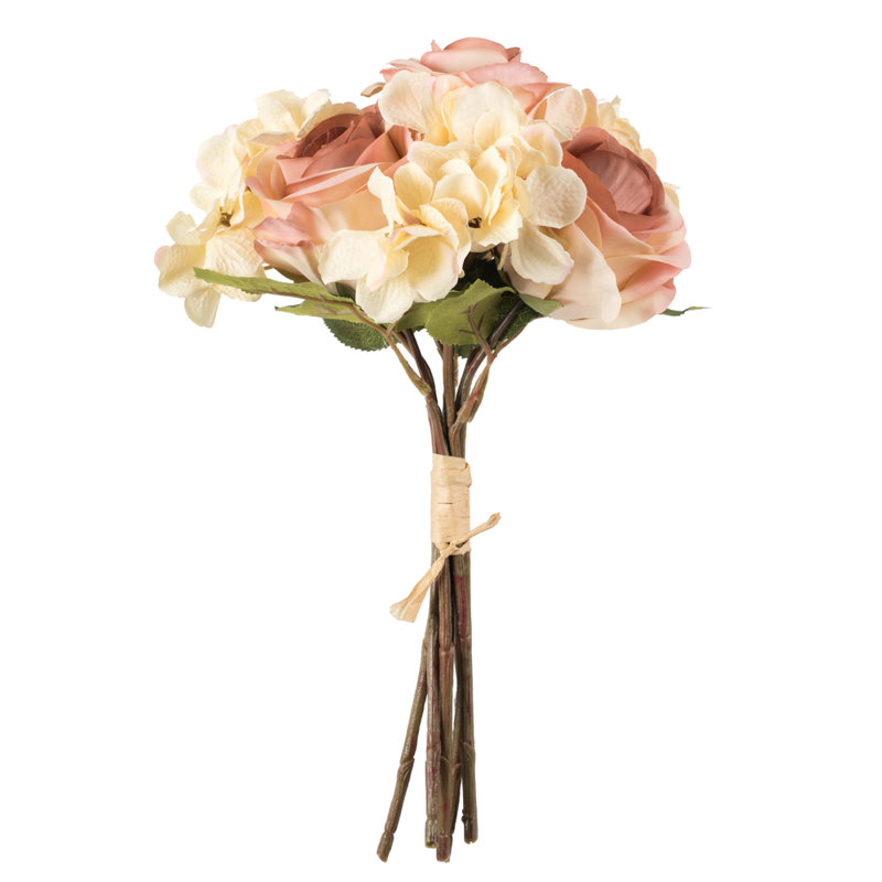 Bouquet de roses artificielles et hortensias 13 po, Crème et rose