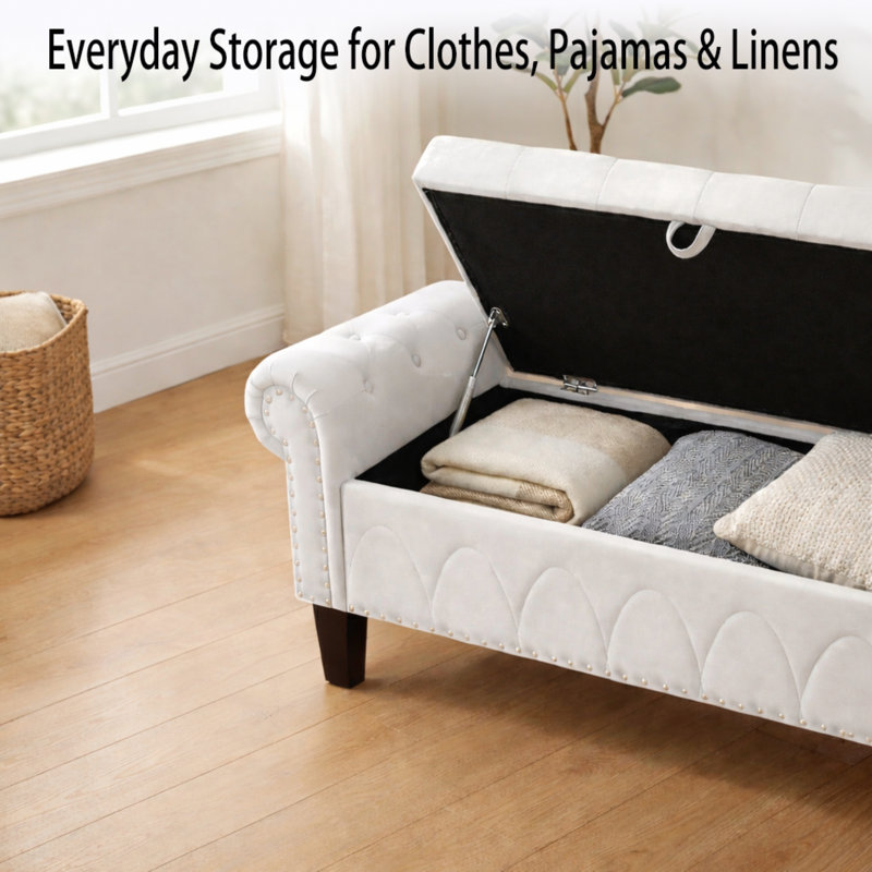 50" Upholstered Storage Bench With Nailhead Trim, White