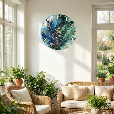 Floral Pattern Modern Decorated Glass Wall Clock Home Decor Art-15.7"