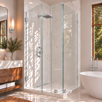 Cabine de douche d'angle à 90° sans cadre Nirvana, 107 cm (L) x 102 cm (P) x 203 cm (H), en verre clair facile à nettoyer de 10 mm d'épaisseur, finition bronze brossé