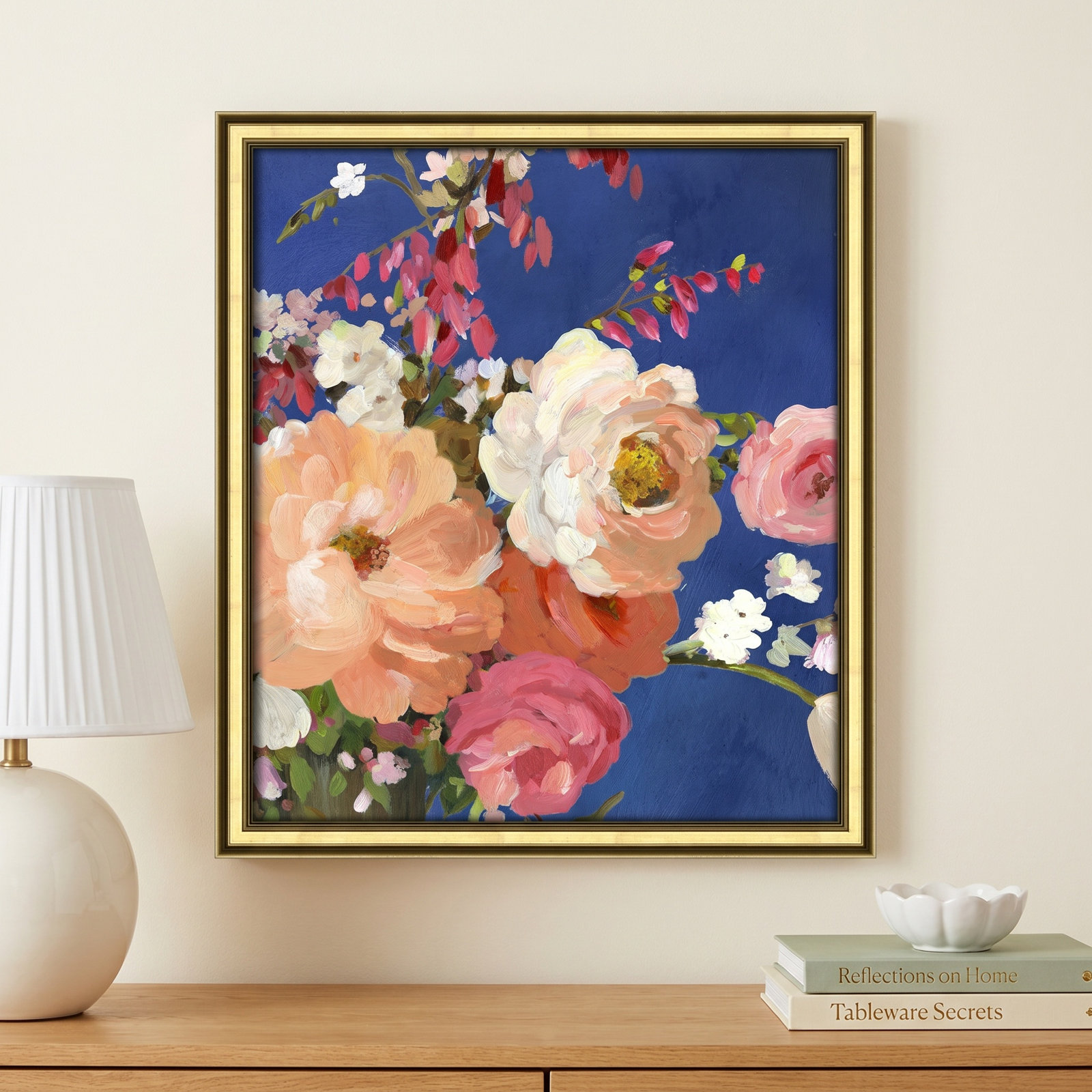Calliope "Midnight Garden Flowers I" Painting, Gold Framed, 16.25" H x 14.25" W x 0.75" D