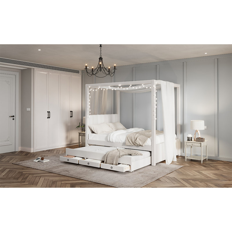 Lit à baldaquin double avec lit gigogne et rangement, beige, Full