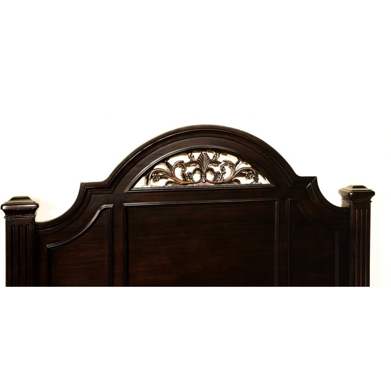 Très grand lit en bois, couleur noyer foncé, décoration florale de tête de lit style transitionnel, tête de lit à conception gracieuse, structure solide