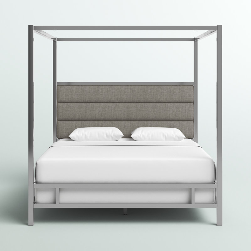 Pettaway Upholstered Metal Canopy Bed, Chrome Metal/Gray, King