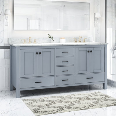 Meuble-lavabo de salle de bain 73 po gris avec comptoir en marbre et 2 lavabos, 6 tiroirs et 4 portes - Rangement moderne, apparence élégante