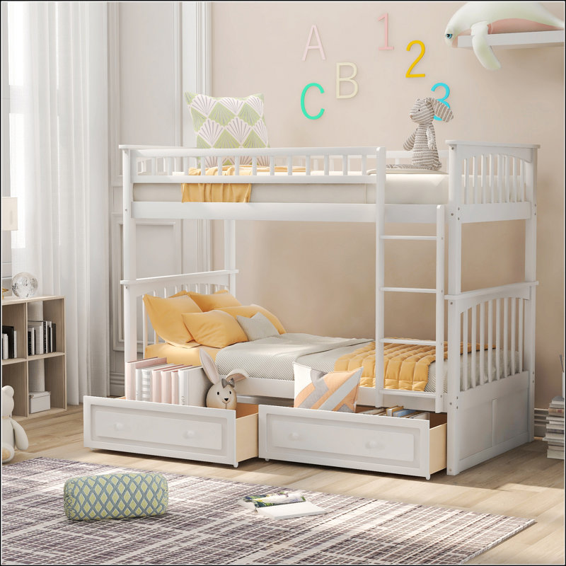 Twin Over Twin Bunk Bed With Drawers, Twin, White