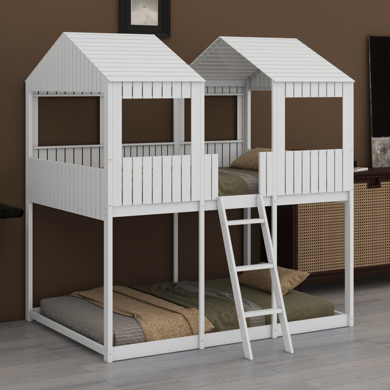 Wood Bunk Bed With Roof, Window, Guardrail, White
