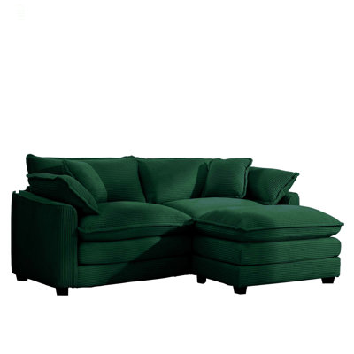 Corduroy Two-Seater Sofa  With 1 Footrest, L-Shaped 2-Seater Sofa With Ottoman For Small Living Spaces, Green Corduroy Sofa