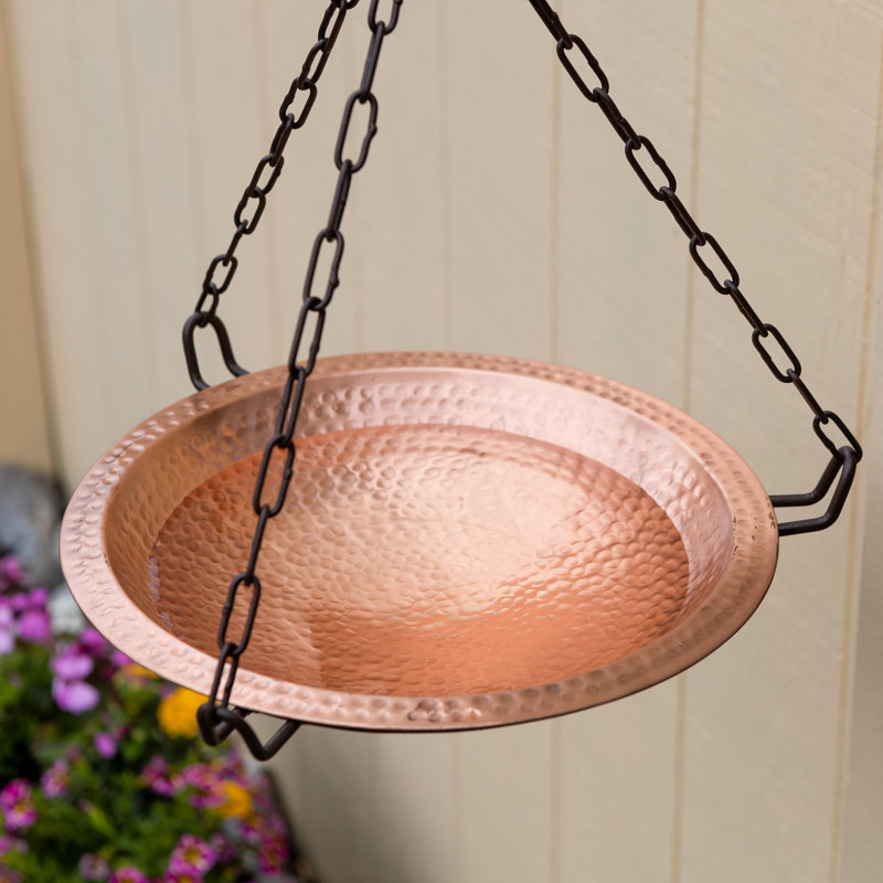Solid Copper Hanging Birdbath with Black Chain