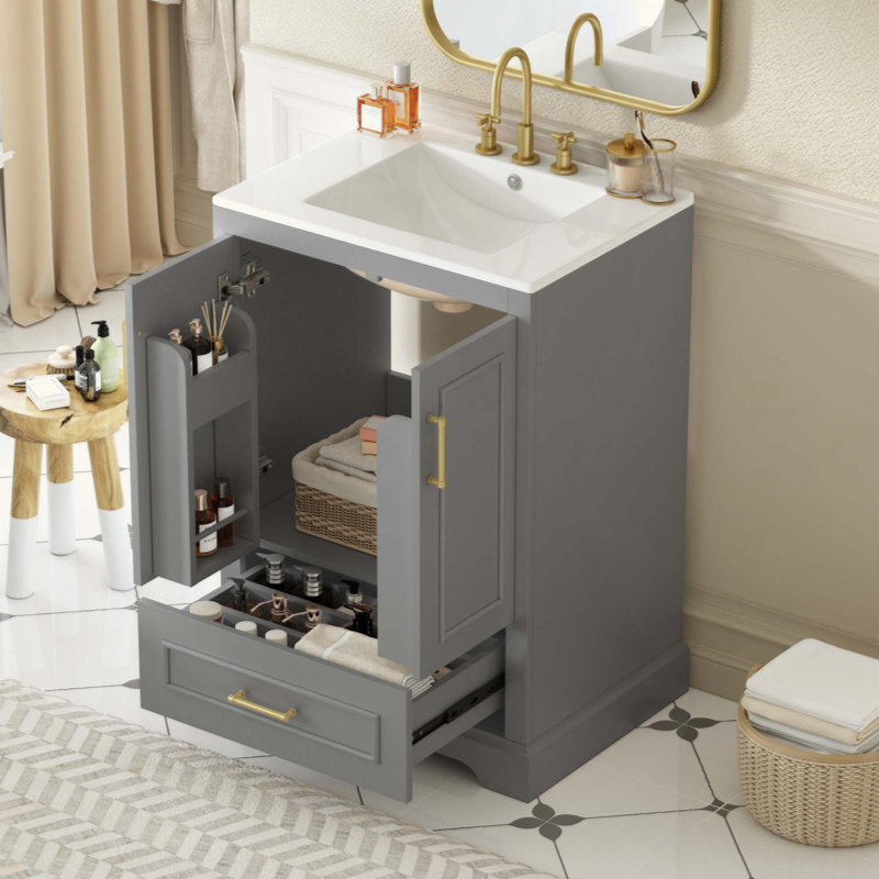 Meuble-lavabo de salle de bain avec lavabo, armoire en panneau de fibres à densité moyenne avec cadre en bois massif, 1 tiroir divisé et 2 portes à fermeture douce avec double tablette sur la porte, meuble-lavabo autoportant (robinet non inclus)