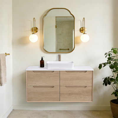 Meuble-lavabo mural en chêne naturel avec vasque carrée en céramique