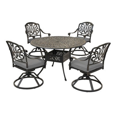5-Piece Cast Aluminum Round Dining Set With 4 Cushioned Swivel Chairs