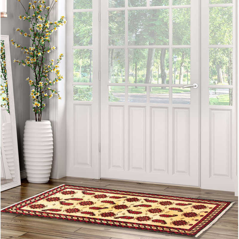 Tapis jaune clair / rouge / noir en laine noué à la main