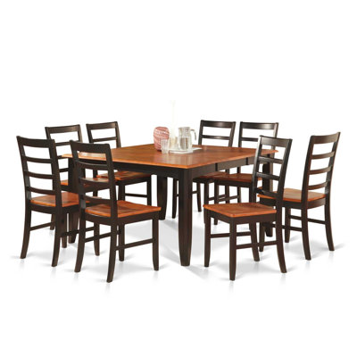  Table de salle à manger 9 pièces à plateau carré en bois massif noir avec 8 chaises et dossier en treillis