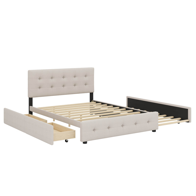 Grand lit plateforme avec deux compartiments de rangement sous le lit et un lit gigogne supplémentaire, Beige foncé