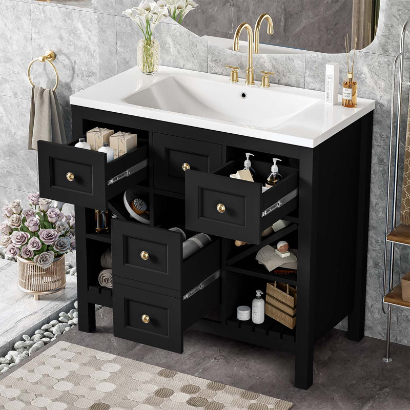 Ensemble de meuble-lavabo autoportant avec 5 tiroirs et portes à fermeture douce, Noir, noir, noir, noir