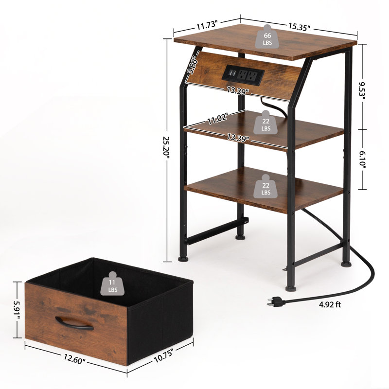 Table de chevet avec tablette, tiroir en tissu et station de charge, table de bout avec rangement, table de chevet en bois avec prises USB pour canapé de salon