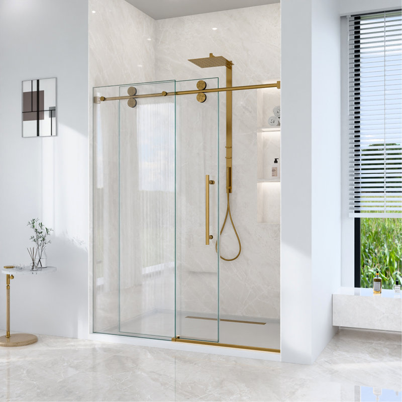 Porte de douche coulissante simple sans cadre de 56 à 60 po de largeur H 72 po - verre trempé transparent de 5/16 po (8 mm), conception de dérivation avec finition or brossé