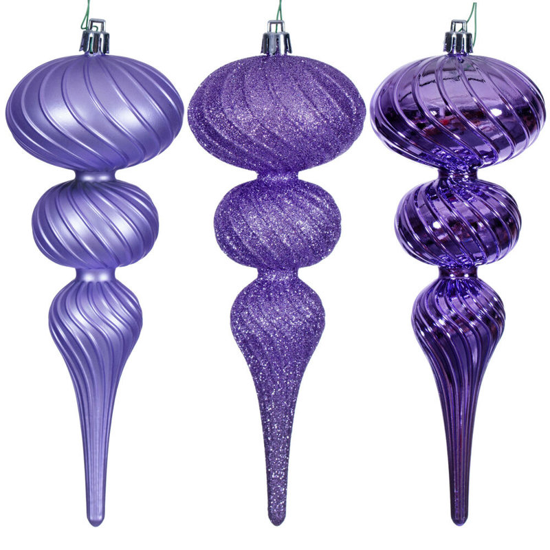 Vickerman 8" Swirl Finial Ornament Assortment. Two matte, two shiny, and two glitter., Lavender