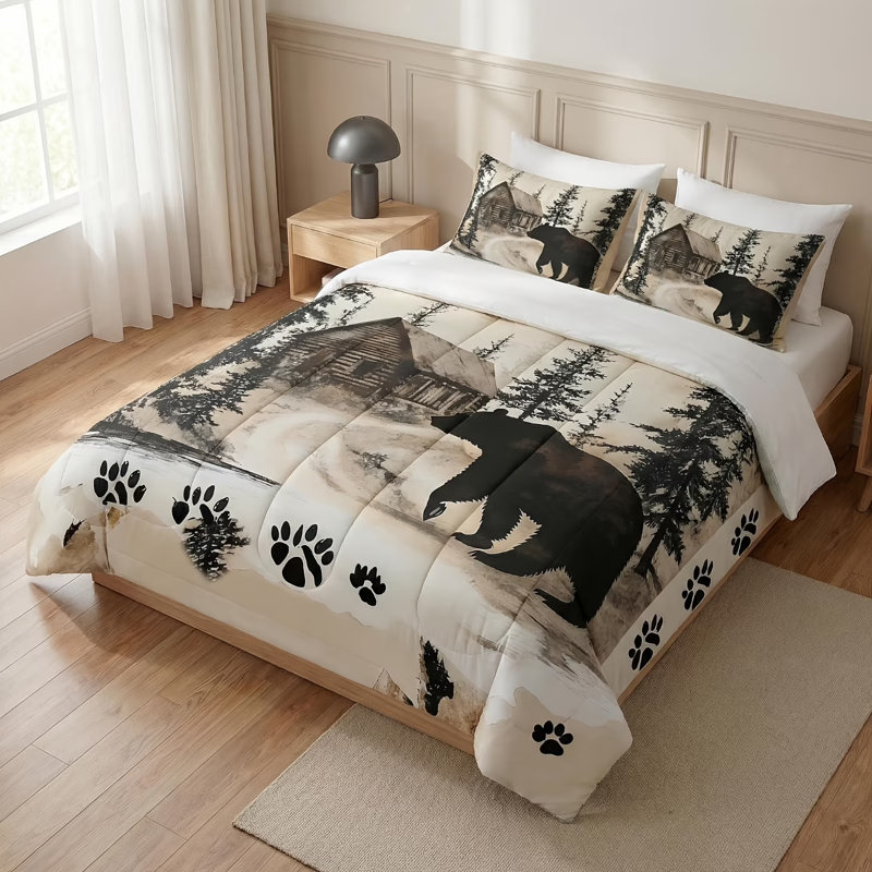 Ensemble d'édredon de style rustique à motif d'ours sauvage, ensemble de literie 3 pièces