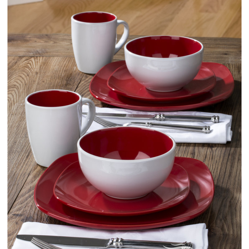 Amaliah 16PC Round Square 2 Tone Dinner Set, Red/White