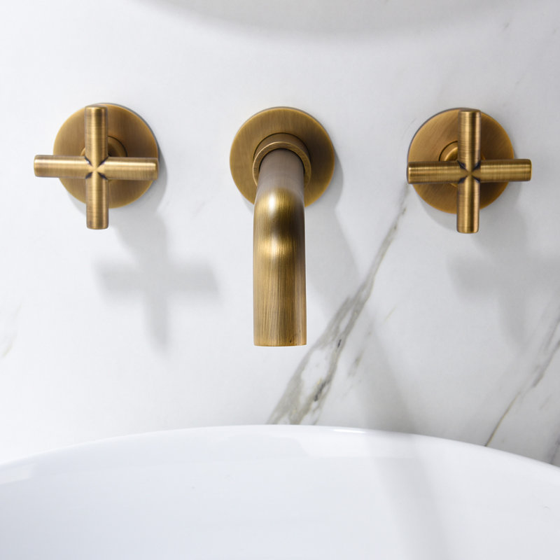 Bathroom Wall Mounted Sink Tap - Two Cross Handles, Reduced Noise Flow, Pop-Up Drain, Bronze Construction Faucet Stopper Silent Water Brushed Nickel, Quality Materials