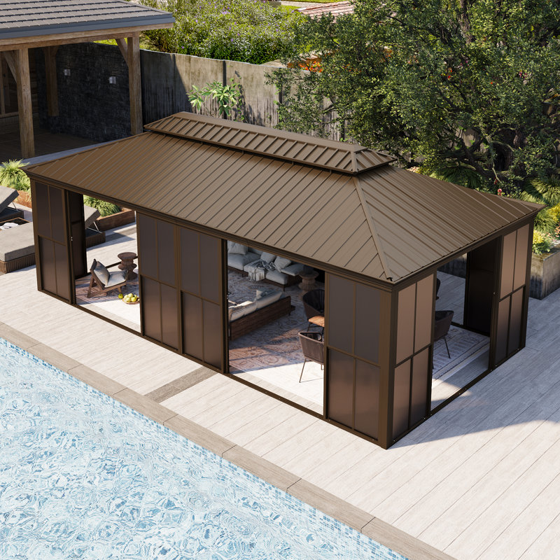 24 ft. W x 12 ft. D Outdoor Hardtop Sunroom Gazebo – Fully Enclosed Aluminum Solarium with Sliding Doors, Slideable PE Screen Windows,  All-Season Pergola with Galvanized Steel Double Roof for Patio, Deck & Hot Tub