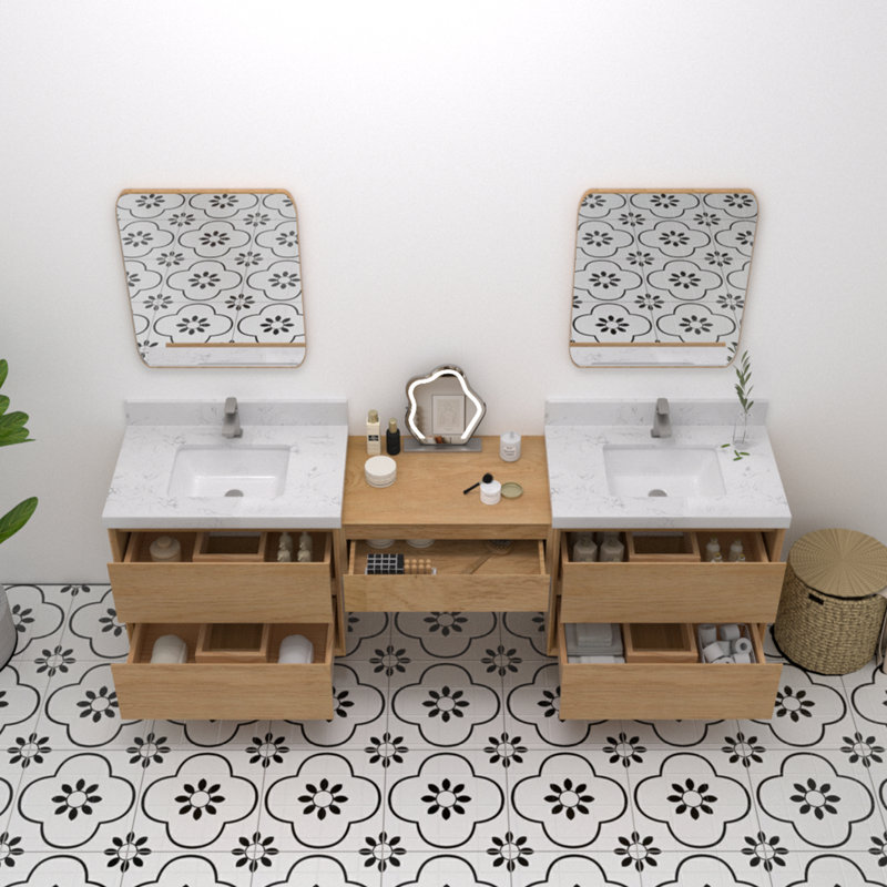 Mellani 90 Inch Floating Bathroom Vanity & Makeup Table Set