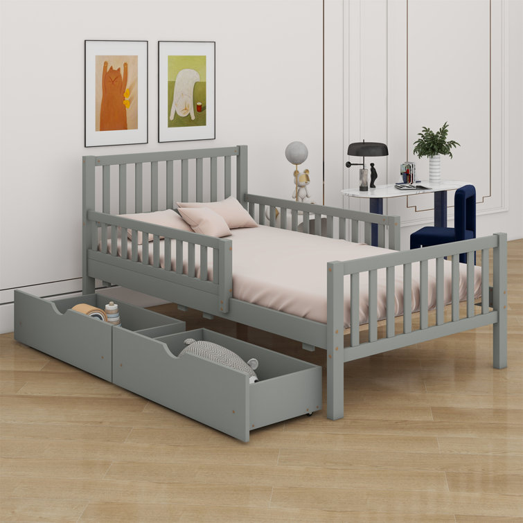 Wood Platform Bed With Guardrails On Both Sides And Two Storage Drawers