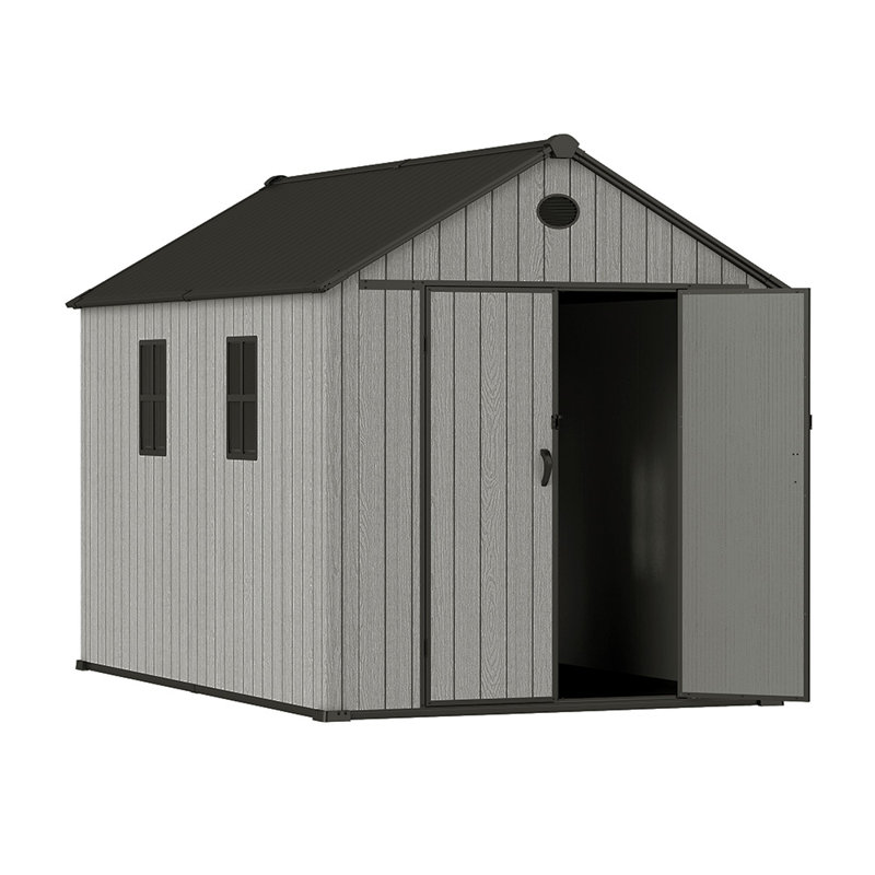 Gray wood-grain pointed-roof plastic tool shed