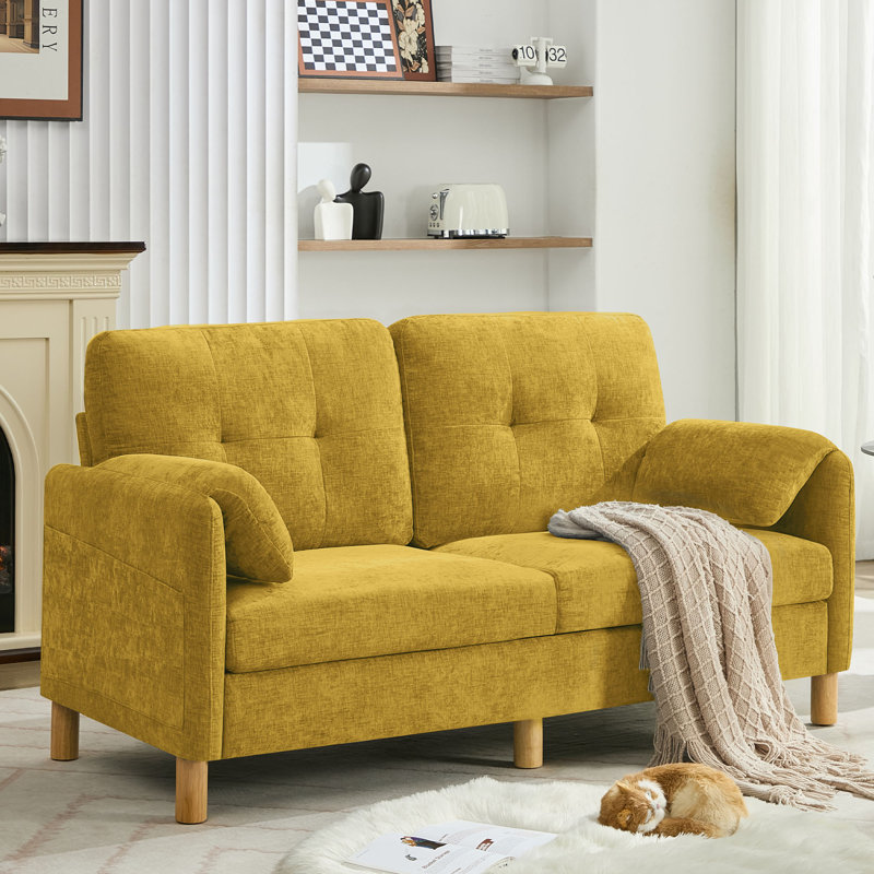 Canapé 65,4 po en chenille touffetée - Structure en bois robuste, poches de rangement, Yellow