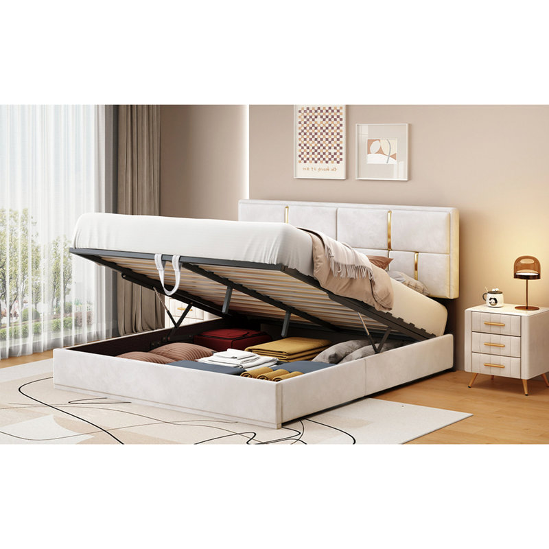 Grand lit tapissier beige avec système de rangement - Pas de sommier pour plateforme fonctionnelle