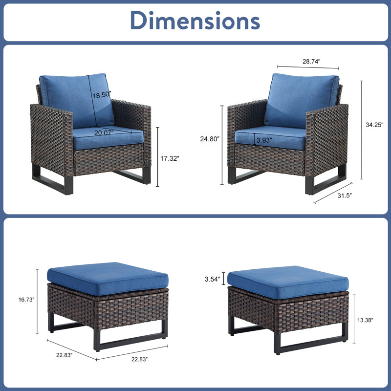 Ensemble de 2 chaises de patio d'extérieur avec repose-pieds Nazime, Bleu, Brun