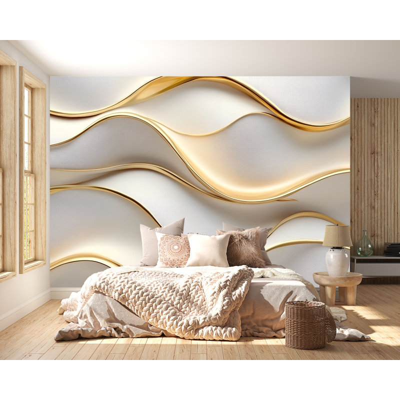 Luxury Gold Wave Wall Mural – Modern 3D Elegant Accent Wallpaper, L 165 po x l 120 po, Peler et coller