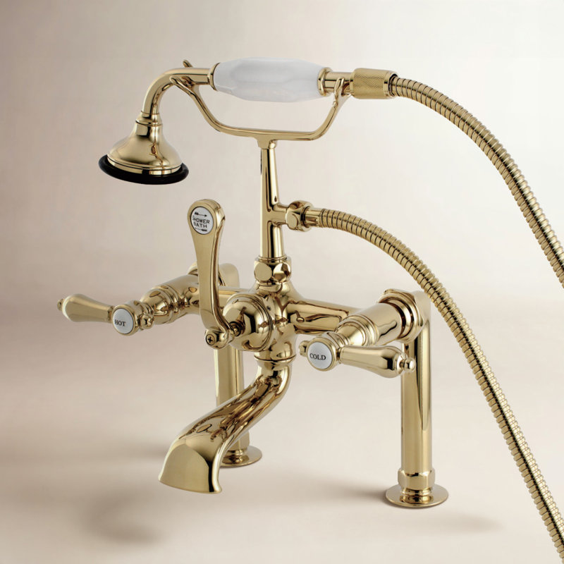 Kingston Brass Heirloom Three-Handle 2-Hole Deck Mount Clawfoot Tub Faucet with Hand Shower, Polished Brass
