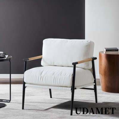 27.56" Modern Accent Chair with Plush Cushions, Minimalist Metal Frame, and Wooden Armrest Design
