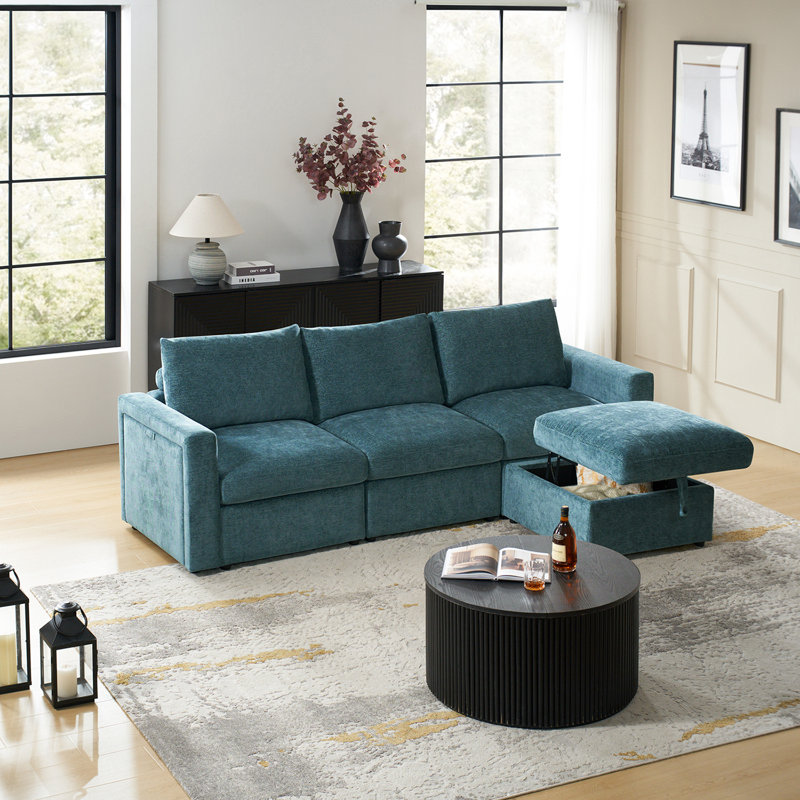 Doulyn 4 Piece Storage Modular Sectional Sofa with Multi-Functional Armrests, Green Polyester Blend