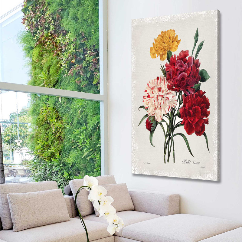 Bouquet botanique avec œillets par - Peinture, H 30 po x l 18 po x P 1 po, Toile tendue