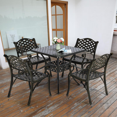 Niota 5-Piece Outdoor Furniture Dining Set, All Weather Cast Aluminum Conversation Set Includes 4 Chairs And A 31.5â Square Table With 2.2"" Umbrella -  Canora Grey, BE493803D9BD4F31BE14AE32F6D05A4E