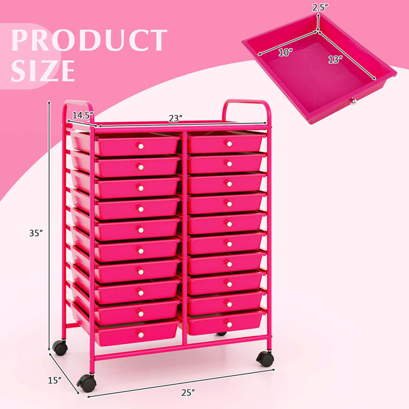 20 Drawers Rolling Storage Cart Art Craft Organizer On Wheels Multipurpose Hot Pink 