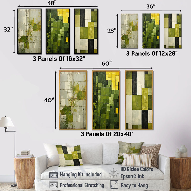 Ensemble de 3 reproductions d'art abstrait vert, Cadre flottant noir, H 40 po x l 60 po