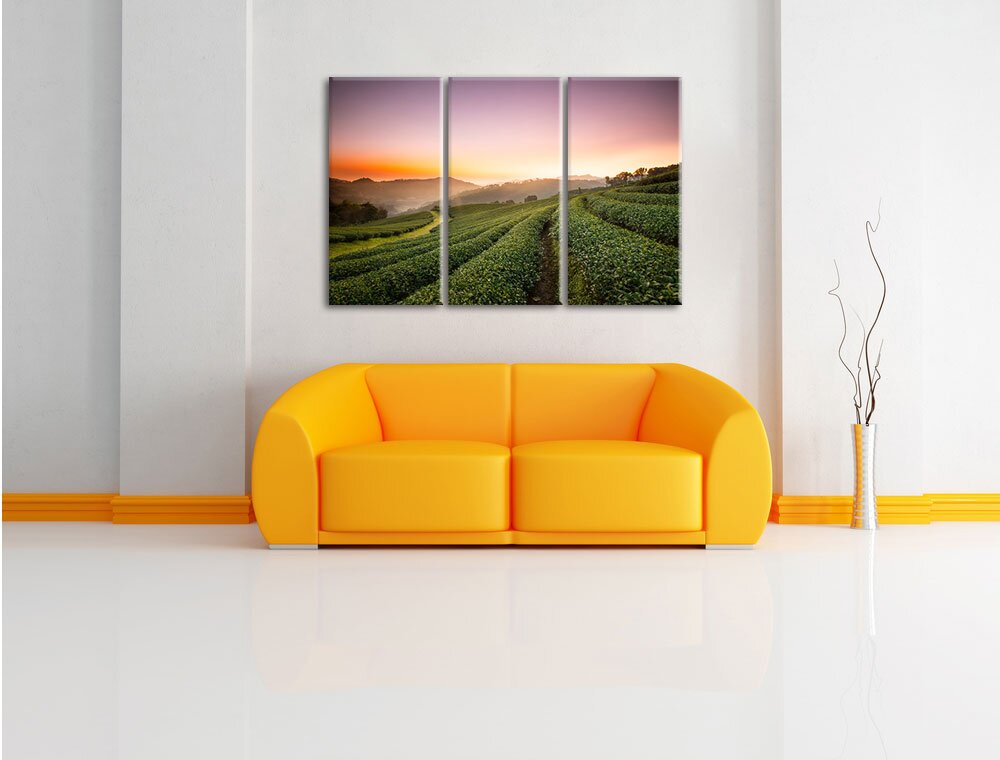 3-tlg. Leinwandbild-Set „Sonnenaufgang Teeplantage Thailand“, Kunstdruck