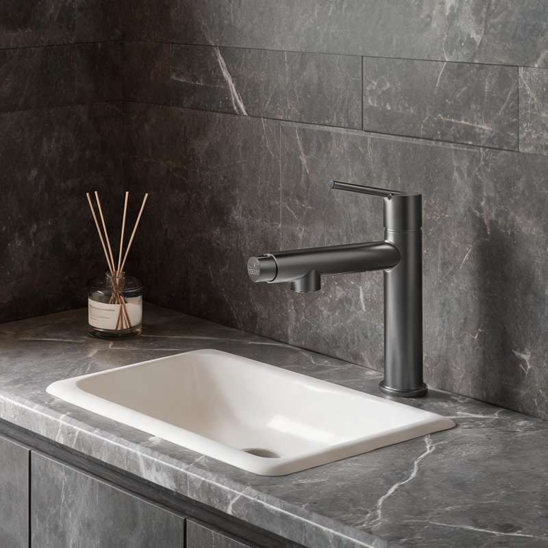 Robinet de salle de bain gris 39 x 24 x 7 po à poignée simple, fabrication en métal et détails en céramique